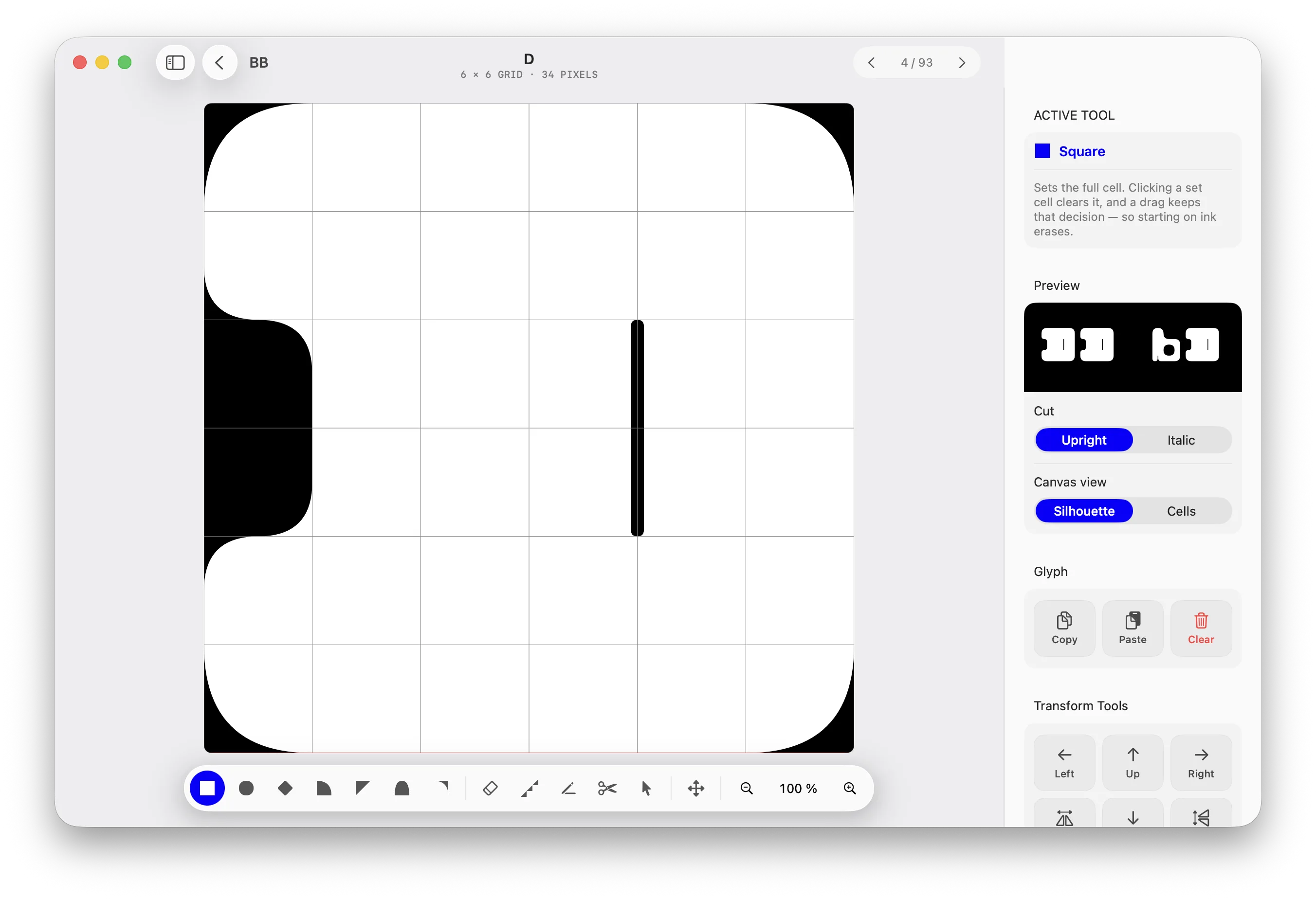 Der Glyphen-Editor von Sort Type Lab mit einem Buchstaben auf dem Raster