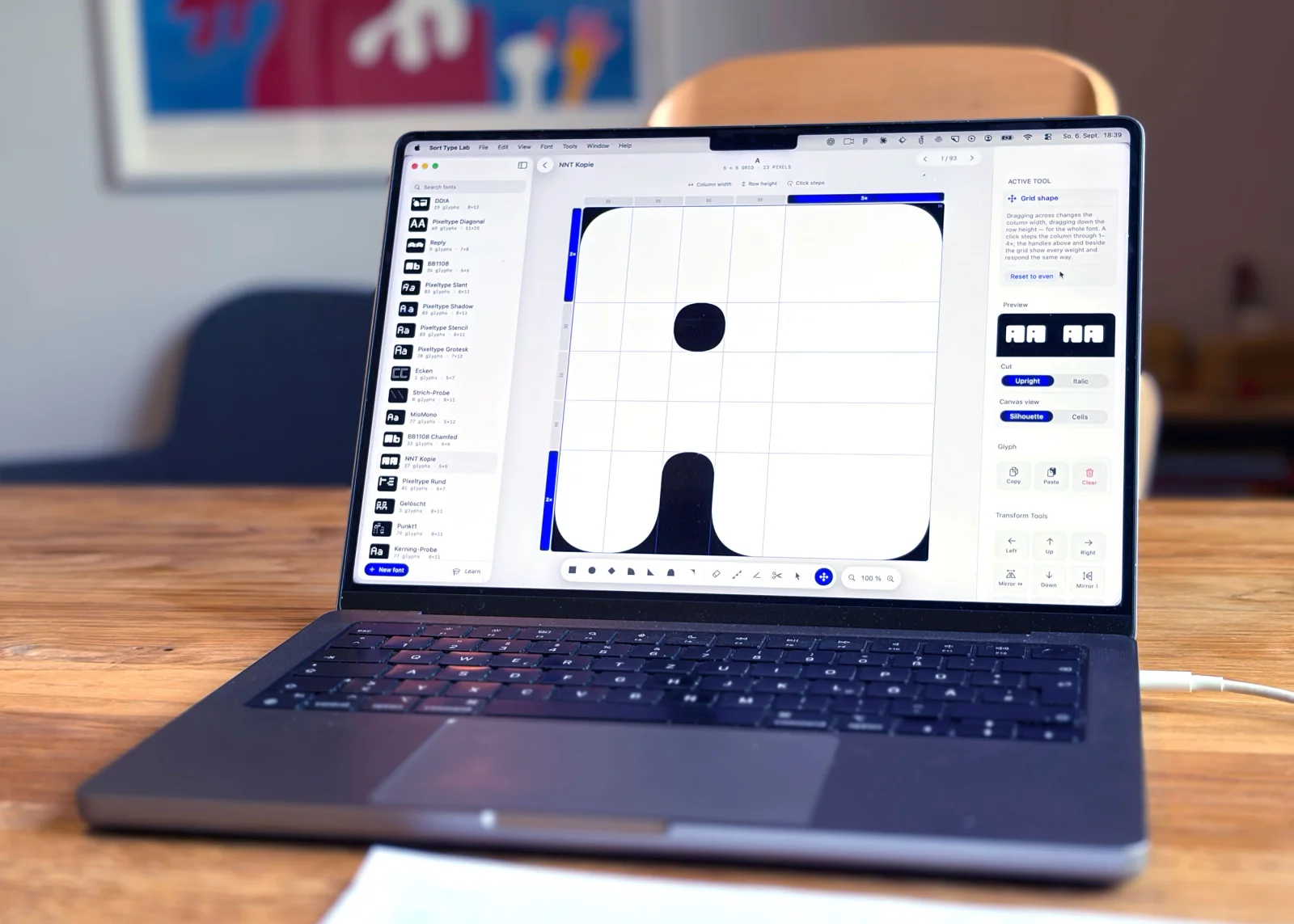 Sort Type Lab auf dem Mac, Bibliothek und Editor nebeneinander