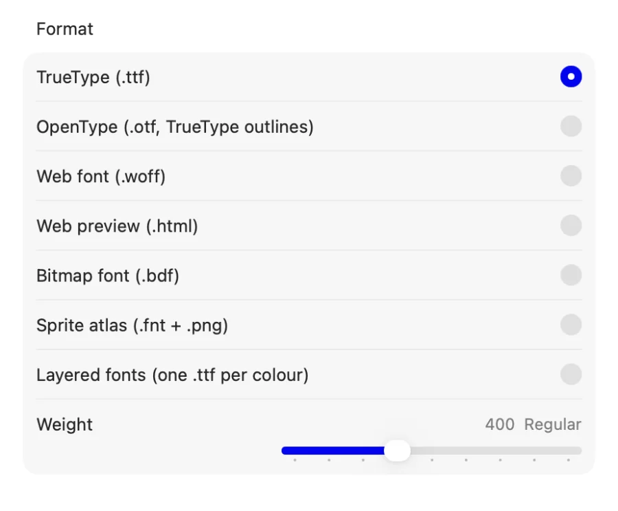 Das Ausgabeblatt mit TrueType, OpenType, Web font, Web preview, Bitmap, Sprite atlas und Layered fonts
