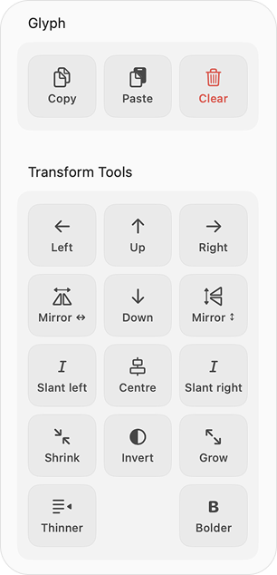 Formen-, Werkzeug- und Transformationspaletten im Glyphen-Editor
